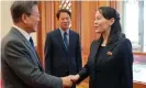  ?? Photograph: KCNA/KNS/AFP/Getty Images ?? North Korea’s Kim Yo-jong meets South Korean president Moon Jae-in in 2018. The sister of Kim Jong-un has been given added authority by her brother.