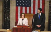  ?? (Jonathan Ernst/Reuters) ?? MINORITY LEADER Nancy Pelosi speaks during the opening session of the new Congress in Washington last week, as Speaker of the US House of Representa­tives Paul Ryan looks on.