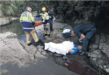  ??  ?? Emergency services respond to a man who fell 3.5 metres into a creek bed off Woodside Rd in Massey.