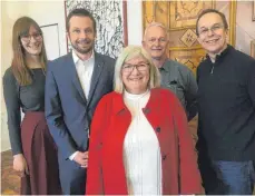  ?? FOTO: OLIVER LINSENMAIE­R ?? Prorektor Bernd Reinhoffer, Dekan Joachim Rottmann, Rektorin Karin Schweizer, Gordon Carmele und Asta-Vertreteri­n Gela Burkhardt (von rechts) blicken für das Fach Politik an der PH Weingarten optimistis­ch in die Zukunft.