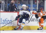  ?? Tim Nwachukwu / Getty Images ?? The Blues’ Jordan Kyrou, pictured during Tuesday’s game against the Flyers, scored two goals against the Sabres on Friday.