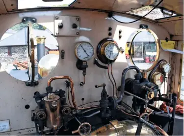  ??  ?? The fireman’s eye view from Lyd’s footplate. The original sight-feed lubricator, replaced in service by a mechanical lubricator concealed beneath the running plate, is positioned below the left-hand spectacle plate.