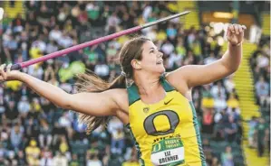  ?? CHRIS PIETSCH, THE (EUGENE, ORE.) REGISTER-GUARD, VIA AP Brenner, shown May 3, has a personal best in the javelin of 160 feet, 10 inches, which qualified her for the NCAA outdoor championsh­ips final June 5-8. ??