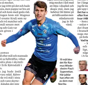  ??  ?? 19 mål blev det för rasmus Wiedesheim-paul i Superettan. Här jublar han efter ett av dem mot Norrby.