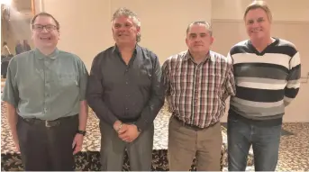  ??  ?? Steven Ward, right, Greg Karmazenuk, Steve McDougall and Rick Cartman were honoured by the Moose Jaw Co-op at a retirement banquet Tuesday. Matthew Gourlie photograph