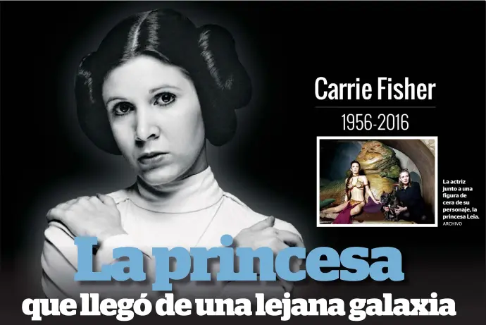  ?? ARCHIVO ?? La actriz junto a una figura de cera de su personaje, la princesa Leia.