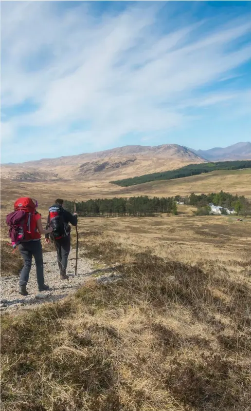  ??  ?? Not long now...walkers on the West Highland Way between Bridge of Orchy and Glencoe looking towards the Inveroran Hotel