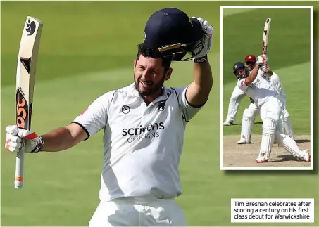  ??  ?? Tim Bresnan celebrates after scoring a century on his first class debut for Warwickshi­re