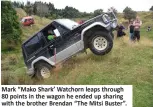  ??  ?? Mark “Mako Shark’ Watchorn leaps through 80 points in the wagon he ended up sharing with the brother Brendan “The Mitsi Buster”.