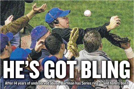  ?? | AP ?? Steve Bartman became the scapegoat for the Cubs’ loss to the Marlins in the 2003 NLCS after reaching for this foul ball and deflecting it away from outfielder Moises Alou.