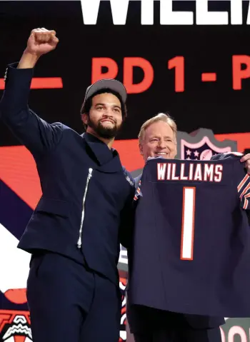  ?? GETTY IMAGES, AP (TOP) ?? Quarterbac­k Caleb Williams poses with commission­er Roger Goodell after the Bears — and general manager Ryan Poles (top) — made him the first overall pick of the NFL Draft on Thursday.