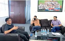  ??  ?? Jelius (left) with Sabah FC chief executive officer Khairul Firdaus (center) and Sabah FC team manager Ahmad Marzuki Nasir during a meeting at the Safaoffice in Likas last Thursday.