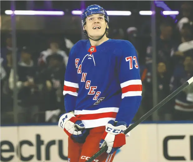  ?? BRUCE BENNETT / GETTY IMAGES ?? Rookie forward Matt Rempe of the New York Rangers had a big impact against the Washington Capitals in Game 1 of their opening-round
Stanley Cup playoff series at Madison Square Garden on Sunday. Rempe’s goal sparked the Blueshirts to a 4-1 victory.