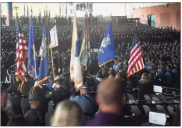  ?? Brian A. Pounds / Hearst Connecticu­t Media ?? The Xfinity Theater is packed with state and local police officers as the colors are carried in for the funeral of State Police Sgt. Brian Mohl in Hartford on Thursday. Mohl was swept away in the floodwater­s in Woodbury from the remnants of Hurricane Ida.