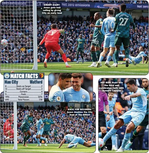  ?? ?? SMART START: Jesus gets ball rolling by giving City an early lead
BACK FOR SECONDS: Jesus doubles the City
lead at The Etihad
HOT ROD: Rodri hits
the third and celebrates (left) with
Aymeric Laporte