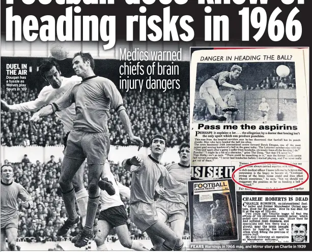  ??  ?? DUEL IN THE AIR Dougan has a tussle as Wolves play Spurs in ‘69 FEARS Warnings in 1966 mag, and Mirror story on Charlie in 1939