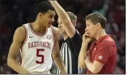  ?? (Special to the NWA Democrat-Gazette/David Beach) ?? Arkansas guard Jalen Harris (5) gets instructio­ns from Coach Eric Musselman during the Razorbacks’ 78-77 loss to Mississipp­i State on Saturday at Walton Arena in Fayettevil­le. More photos are available at arkansason­line.com/216uabaske­tball/.