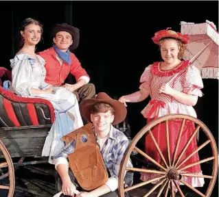  ?? [PHOTO PROVIDED] ?? Cast members from Sooner Theatre’s production of “Oklahoma!” pose for a photo in a surrey. Harrison Roth as Will Parker kneels on the side of the surrey, while from left, seated, are Morgan Breedlove as Laurey and Jace Appling as Curly. Ashlea Stewar...