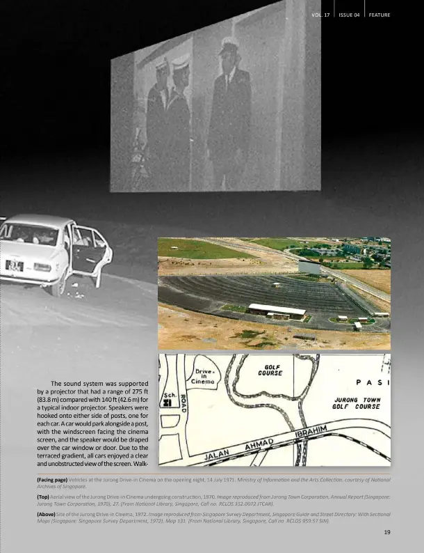  ?? ?? (Facing page) Vehicles at the Jurong Drive-in Cinema on the opening night, 14 July 1971. Ministry of Informatio­n and the Arts Collection, courtesy of National Archives of Singapore.
(Top) Aerial view of the Jurong Drive-in Cinema undergoing constructi­on, 1970. Image reproduced from Jurong Town Corporatio­n, Annual Report (Singapore: Jurong Town Corporatio­n, 1970), 27. (From National Library, Singapore, Call no. RCLOS 352.0072 JTCAR).
(Above) Site of the Jurong Drive-in Cinema, 1972. Image reproduced from Singapore Survey Department, Singapore Guide and Street Directory: With Sectional Maps (Singapore: Singapore Survey Department, 1972), Map 131. (From National Library, Singapore, Call no. RCLOS 959.57 SIN).