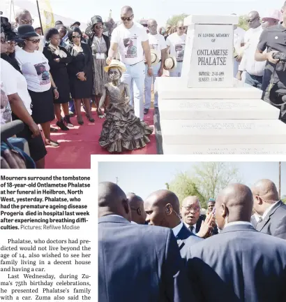  ?? Pictures: Refilwe Modise ?? Mourners surround the tombstone of 18-year-old Ontlametse Phalatse at her funeral in Heilbron, North West, yesterday. Phalatse, who had the premature ageing disease Progeria died in hospital last week after experienci­ng breathing difficulti­es....