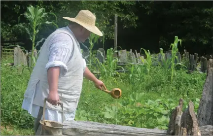  ?? STAFF PHOTO BY JAMIE ANFENSON-COMEAU ?? Cory Bragg, an interprete­r at the Accokeek Foundation’s National Colonial Farm, uses water from a spring collected in a cloth bucket and a gourd cup to water plants in the farm’s slave garden, as part of the foundation’s “H2oooh! American Water Use...