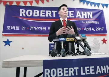  ?? Glenn Koenig Los Angeles Times ?? ROBERT LEE AHN finished second in L.A.’s April congressio­nal primary and will face Assemblyma­n Jimmy Gomez in a June 6 runoff. Ahn spent $463,280 on envelopes, potholders, notepads, postage and other mail costs.