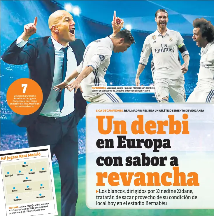  ??  ?? REFERENTES. Cristiano, Sergio Ramos y Marcelo son hombres claves en el sistema de Zinedine Zidane en el Real Madrid.