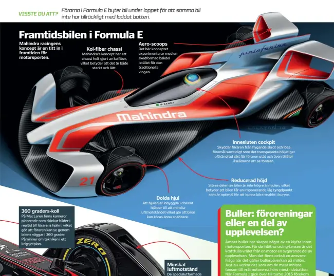  ??  ?? Mahindra racingens koncept är en titt in i framtiden för motorsport­en. Mahindra’s koncept har ett chassi helt gjort av kolfiber, vilket betyder att det är både
starkt och lätt. Det här konceptet experiment­erar med en skedformad bakdel istället för den...