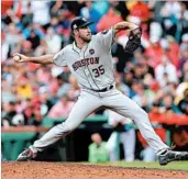  ?? ELSA/GETTY ?? Justin Verlander throws a pitch during the first relief appearance of his career Monday against the Red Sox.