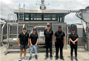  ??  ?? The crew of the new Maclab mussel harvester Vanguard – from left, deckhands Patric Lorandi and Kallan Kotua, skipper Michael ‘‘Stoney’’ Bourke, skipper Hone Abraham, and senior deckhand Quaid Dearman.