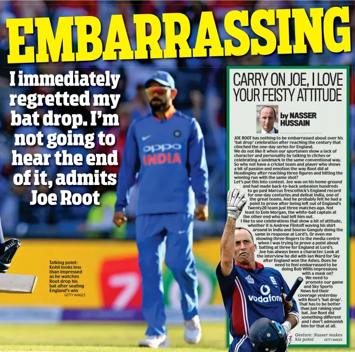  ?? GETTY IMAGES ?? Talking point: Kohli looks less than impressed as he watches Root drop his bat after sealing England’s win