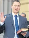  ?? CP FILE PHOTO ?? Deron Bilous is sworn in as the Alberta Minister of Municipal Affairs, Service Alberta in Edmonton in 2015.