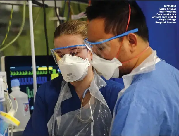  ?? Picture: VICTORIA JONES/PA ?? DIFFICULT DAYS AHEAD: Staff wearing face masks in a critical care unit at
King’s College Hospital, London