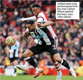  ?? ?? United need a big performanc­e from key man Callum Wilson against Norwich, says John Gibson