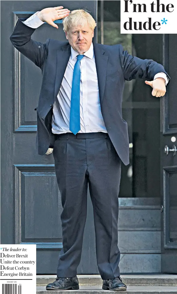  ??  ?? Boris Johnson gives photograph­ers a salute and a thumbs up outside Conservati­ve Party headquarte­rs after being announced as Theresa May’s successor as leader