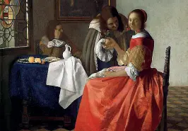  ??  ?? Jan Vermeer
«Due gentiluomi­ni e una fanciulla con bicchiere di vino»