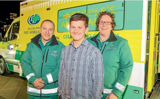  ?? JEFF MCEWAN/CAPTURE STUDIOS ?? Paramedic Jimmy Crombie, left, Wellington Free Ambulance supporter Adam Bird and paramedic Jec Sanders at the launch of the WFA People’s Ambulance, also below.