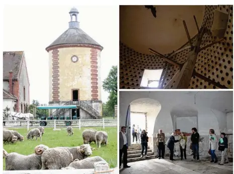  ??  ?? Le colombier, un monument historique aux enduits extérieurs abîmés dont la sauvegarde est désormais menacée. Le bas du monument et le mât central détaché permettant d’accéder aux 2 170 boulins où nichaient les pigeons.