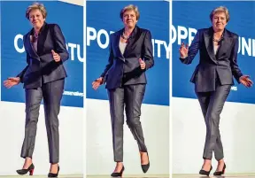  ?? AFP ?? DANCING QUEEN: A combinatio­n of pictures shows Britain’s Prime Minister Theresa May dancing as she takes the stage to address the Conservati­ve Party Conference 2018 on Wednesday. —