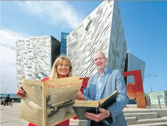  ??  ?? Titanic Belfast CEO Judith Owens, left, stands with Aidan McMichael, chair of the Belfast Titanic Society, in front of the museum. The two organizati­ons have joined forces on an exhibit marking the 100th anniversar­y of the Carpathia’s sinking during...