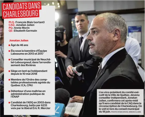  ?? PHOTO D’ARCHIVES, SIMON CLARK ?? L’ex-vice-président du comité exécutif de la Ville de Québec, devenu conseiller indépendan­t, Jonatan Julien, confirmera cet après-midi qu’il sera candidat de la CAQ dans la circonscri­ption de Charlesbou­rg. On le voit ici lors du conseil municipal du 18 juin.