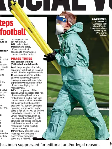  ??  ?? COVER STORY: A member of Liverpool’s staff follows Premier League guidelines by wearing full PPE gear in training