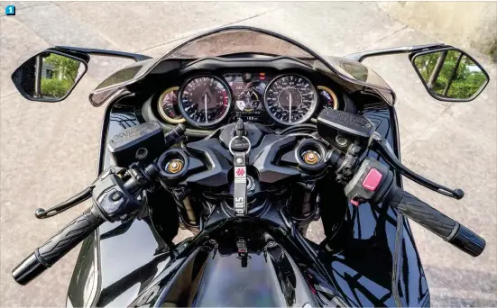  ??  ?? 1. At first glance, the view from the cockpit might actually look identical to the bike before it, look closer
and you’ll see the handlebar is a little closer back and there’s a new TFT screen that separates both the analogue clocks. 2. Sharper fairings not only improve the Busa’s coefficien­t of drag but
adds a modern spin to the age-old silhouette. 4. New Brembo Stylema callipers are bigger by just 10mm but provide significan­tly
better braking