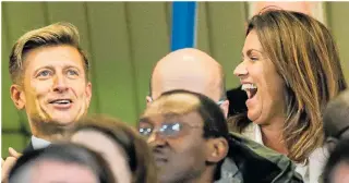  ??  ?? It’s even Stevens! Susanna and Steve, above and left, cheer as Palace’s Andros Townsend nets a 1-1 equaliser yesterday. Right, Susanna and her ex Dominic