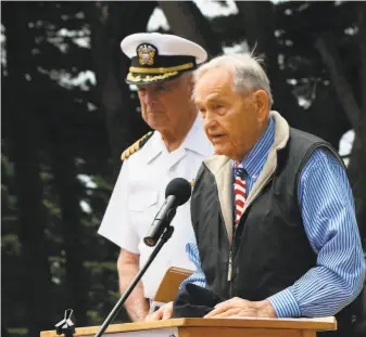  ?? Courtesy Bob Hanson 2018 ?? Richard “Chief Johnny” Jongordon makes opening remarks at the USS San Francisco Memorial ceremony on Memorial Day 2018, with Capt. Stan Ellexson next to him.