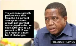 ??  ?? The economic growth performanc­e shift from the 6-7 percent average economic growth per year that was enjoyed in the decade 2004-2014 to 3.6 percent in 2015 was as a result of a number of challenges.
PRESIDENT LUNGU
