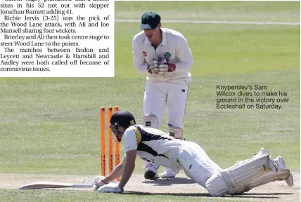  ??  ?? Knypersley’s Sam
Wilcox dives to make his ground in the victory over Eccleshall on Saturday.