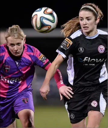  ??  ?? Nicola Sinnott (left) in a race for possession with Siobhán Killeen of Shelbourne.