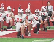  ?? MILWAUKEE JOURNAL SENTINEL MARK STEWART / ?? Wisconsin's Austin Brown (9) Brown has been working in the slot this spring but has showed he can still make impact plays as a safety.