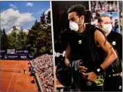  ?? AP PHOTO BY MARTIN MEISSNER ?? Germany’s tennis player Dustin Brown wears a face mask as he walks by a poster at a pro-tennis tournament at a local base tennis academy in Hoehr-grenzhause­n, Western Germany, Friday, May 1.